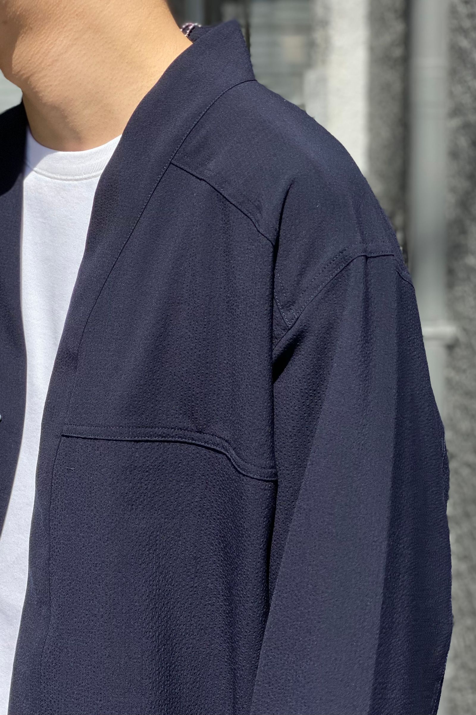 White Mountaineering - seersucker hanten shirts -navy- 22ss | asterisk