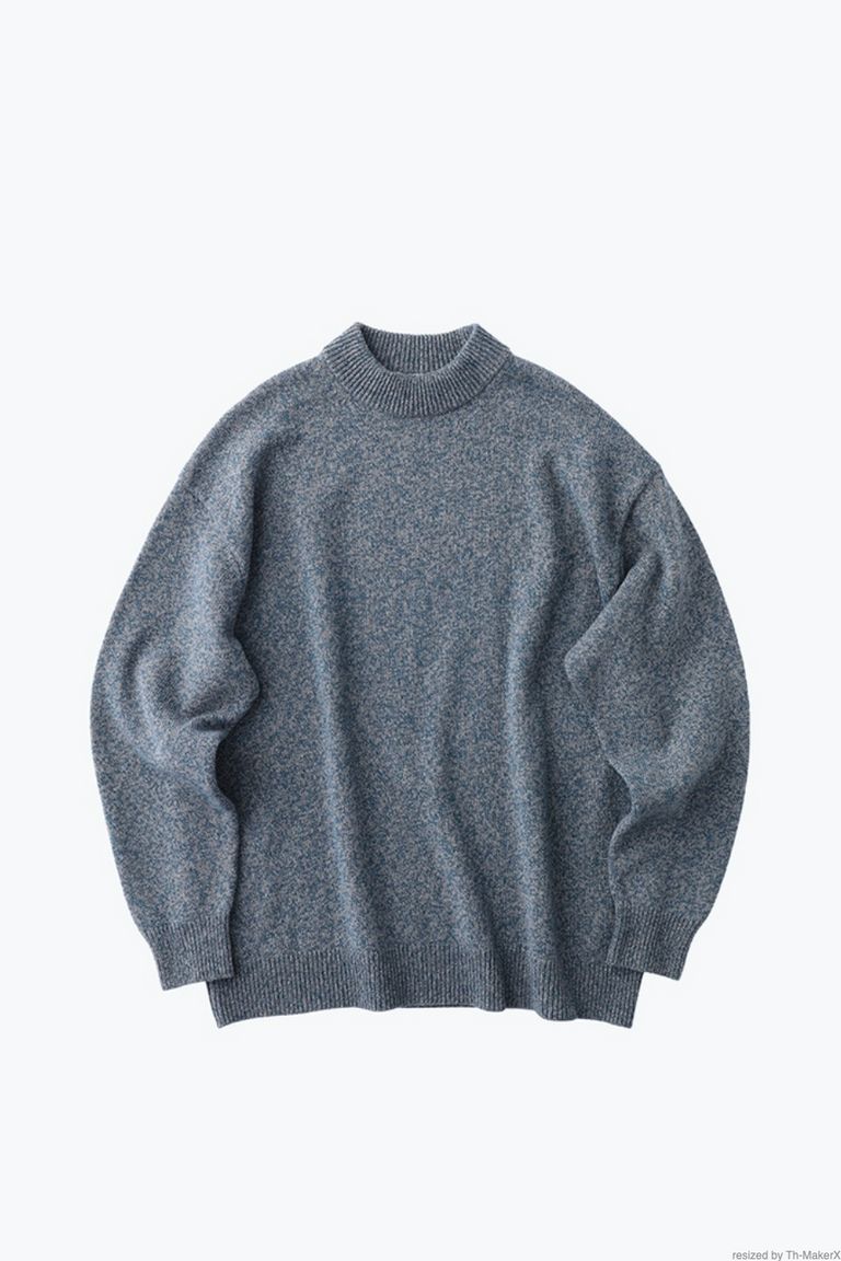 ATON - wool mouline mockneck sweater -blue- men | asterisk