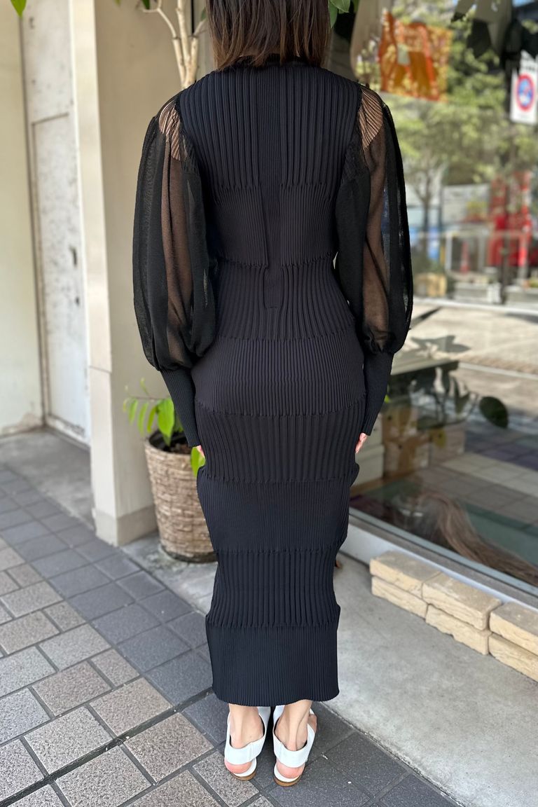 CFCL - FLUTED LUCENT LONG PUFF SLEEVE DRESS-black-23aw | asterisk 