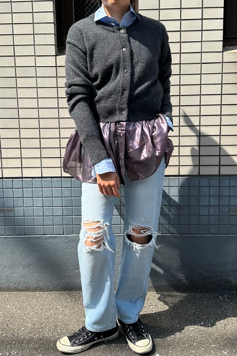 babaco - Knit/Lurex Fabric Cardigan ドッキングニットカーディガン 