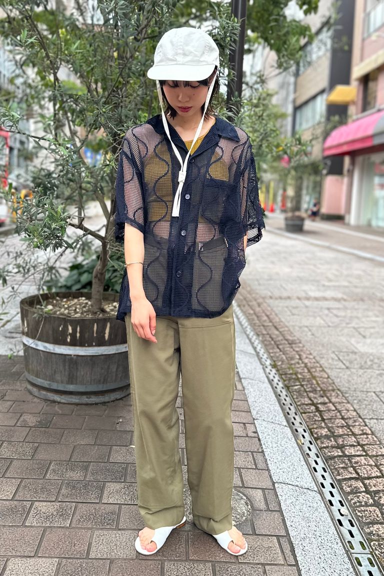 UNUSED - short-sleeve open collar gourd pattern mesh shirt -navy 