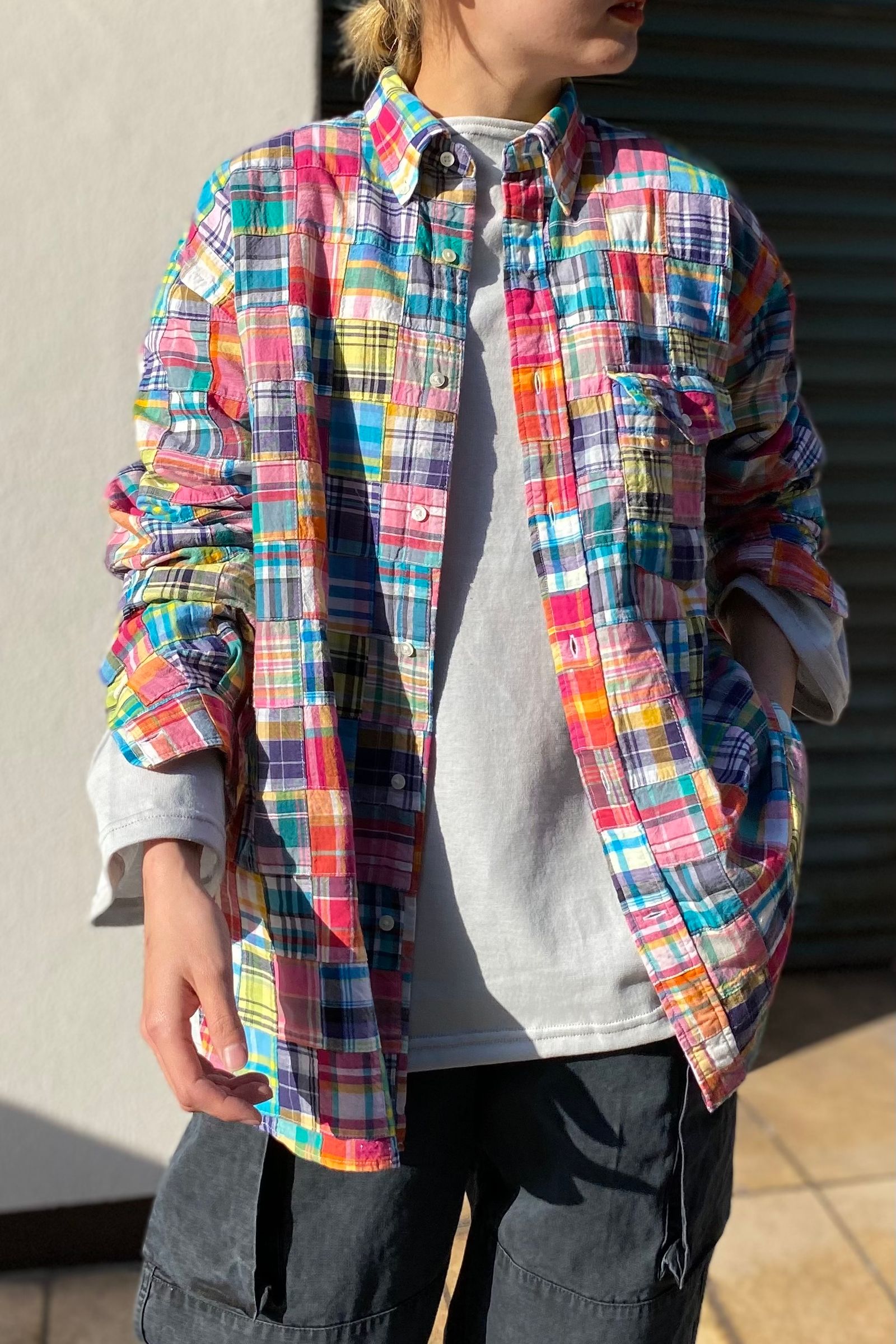 J.PRESS - B.D.BAGGYFITSHIRT/INDIA MADRAS PATCHWORK-pink multi-23ss