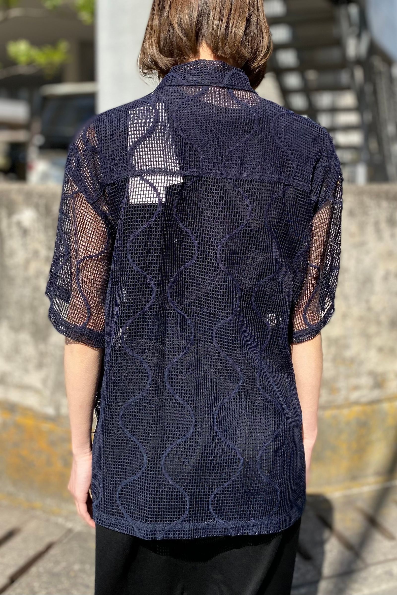 UNUSED - short-sleeve open collar gourd pattern mesh shirt -navy 