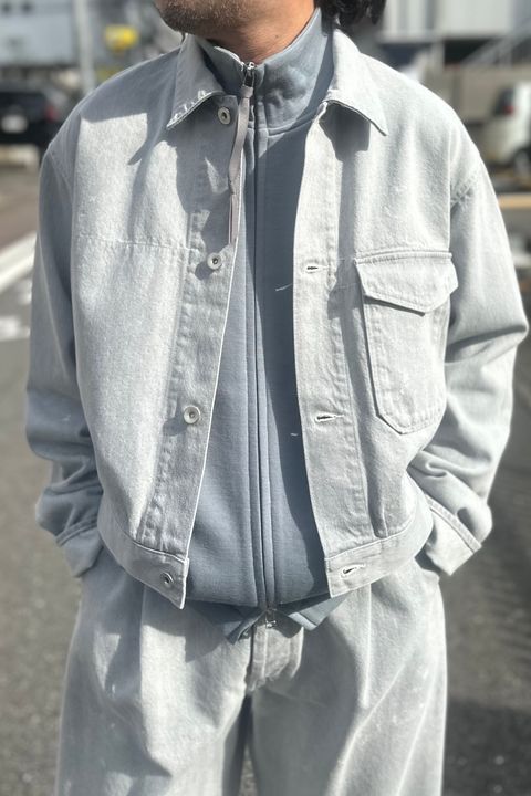 試着程度 45R おこめサテンヒッコリー デニムジャケット ノーカラー  