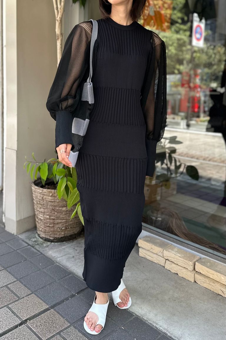 CFCL - FLUTED LUCENT LONG PUFF SLEEVE DRESS-black-23aw | asterisk 