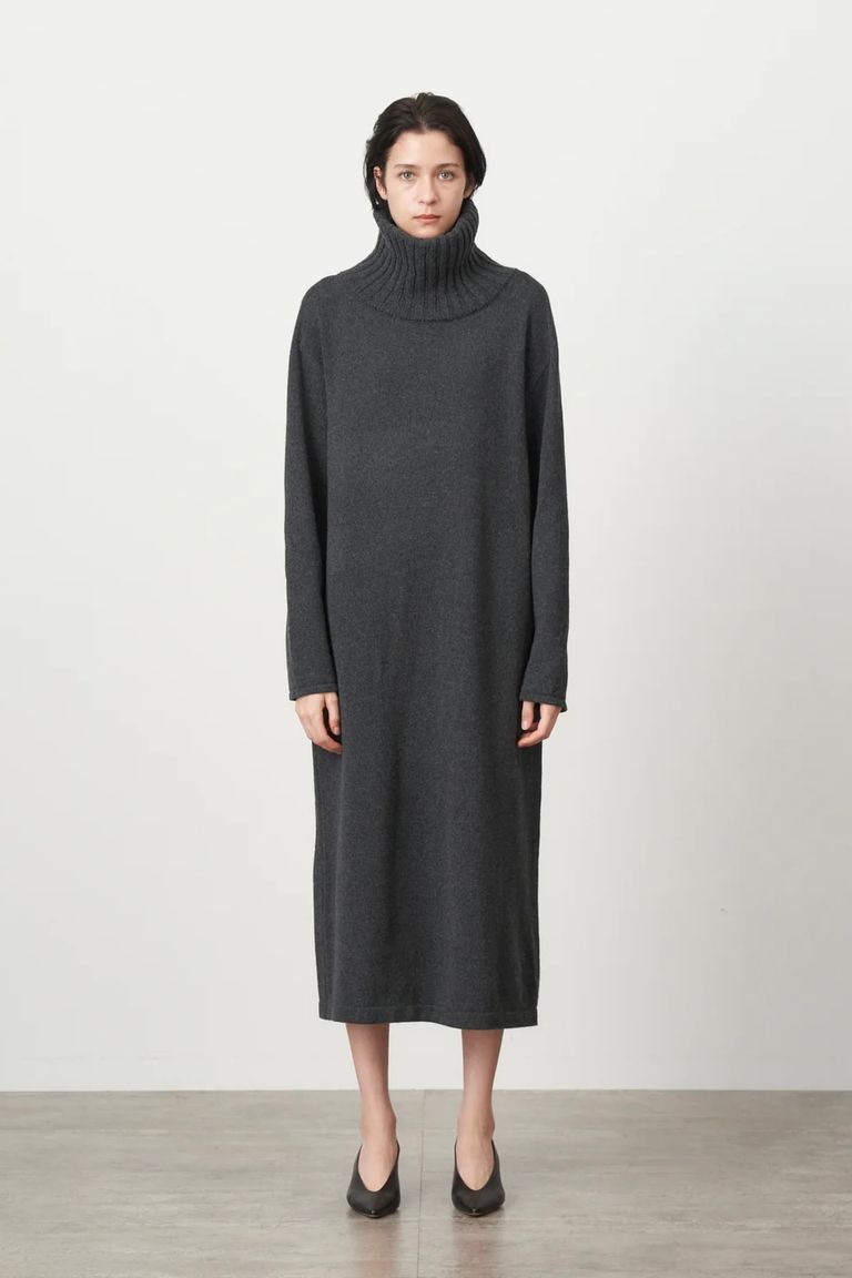ATON - WOOL MOULINE TURTLENECK DRESS -navy- 23aw women | asterisk 