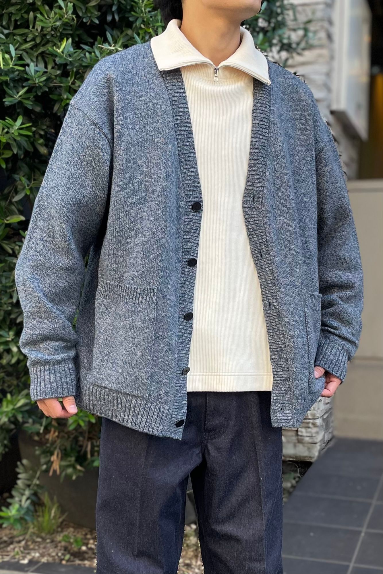 ATON - wool mouline oversized cardigan -blue- men | asterisk