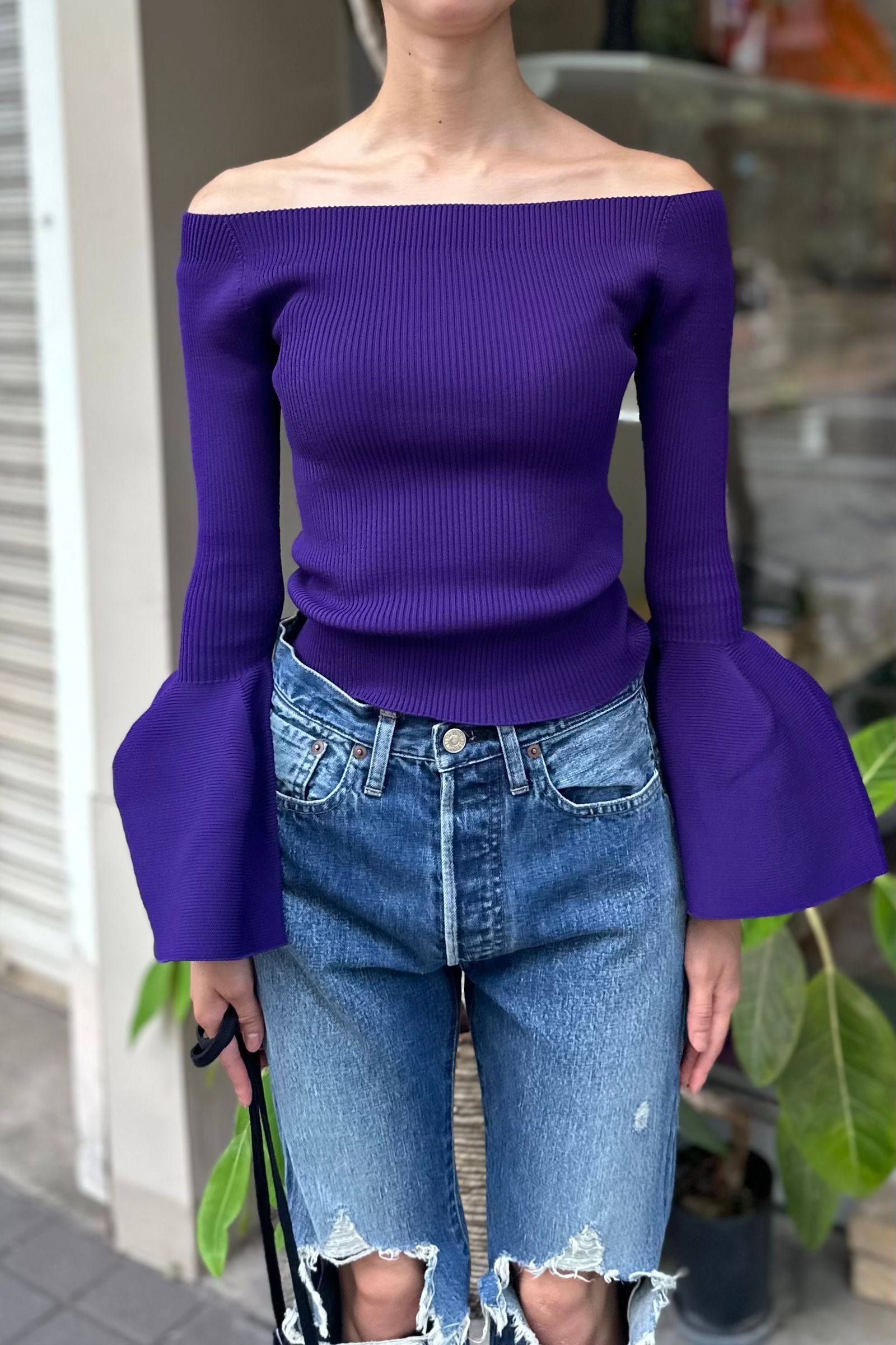 CFCL - POTTERY OFF SHOULDER LONG BELL SLEEVE TOP -violet