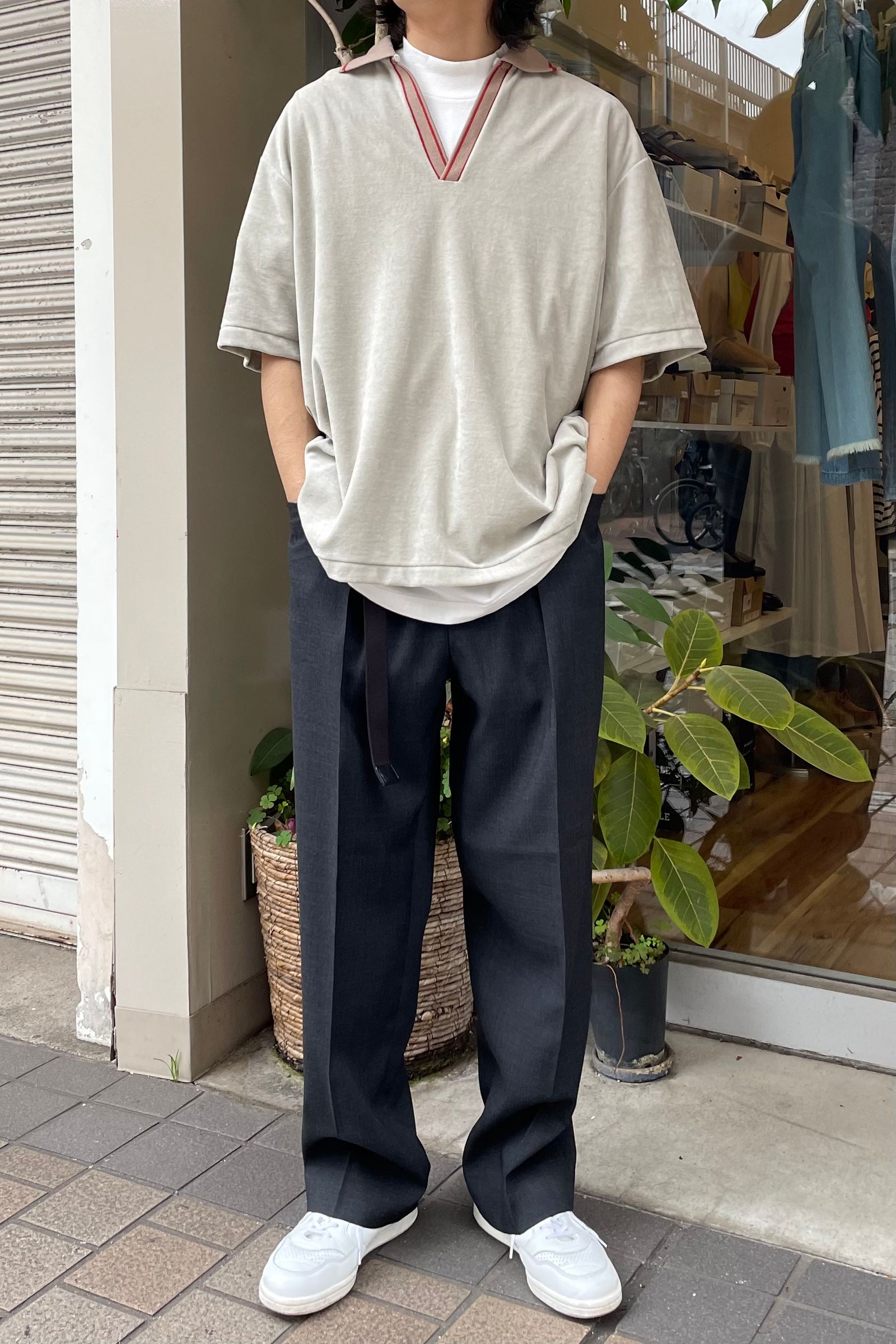 FARAH - 2タックワイドパンツ/T/Rホップサック-charcoal gray- 23ss