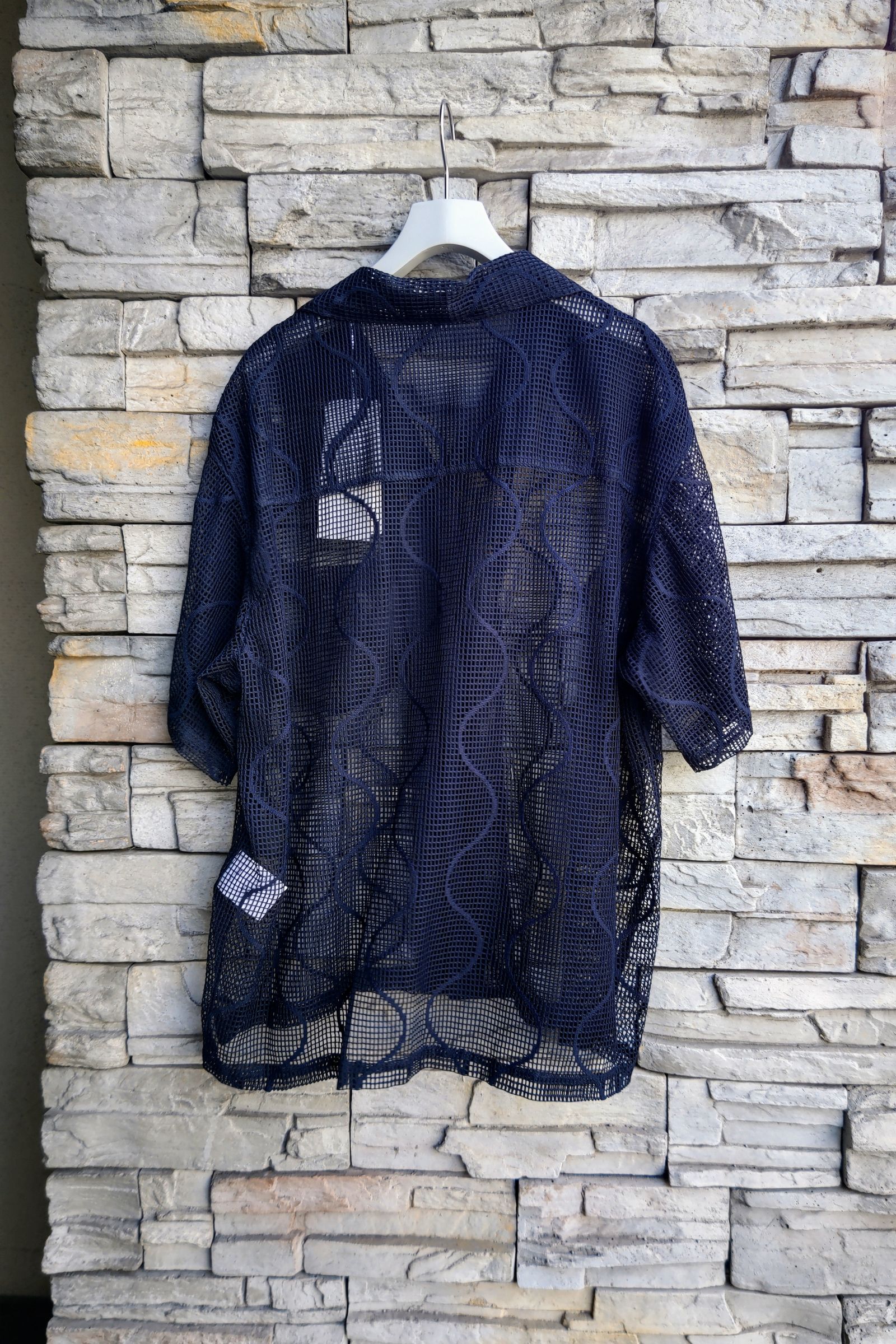 UNUSED - short-sleeve open collar gourd pattern mesh shirt -navy