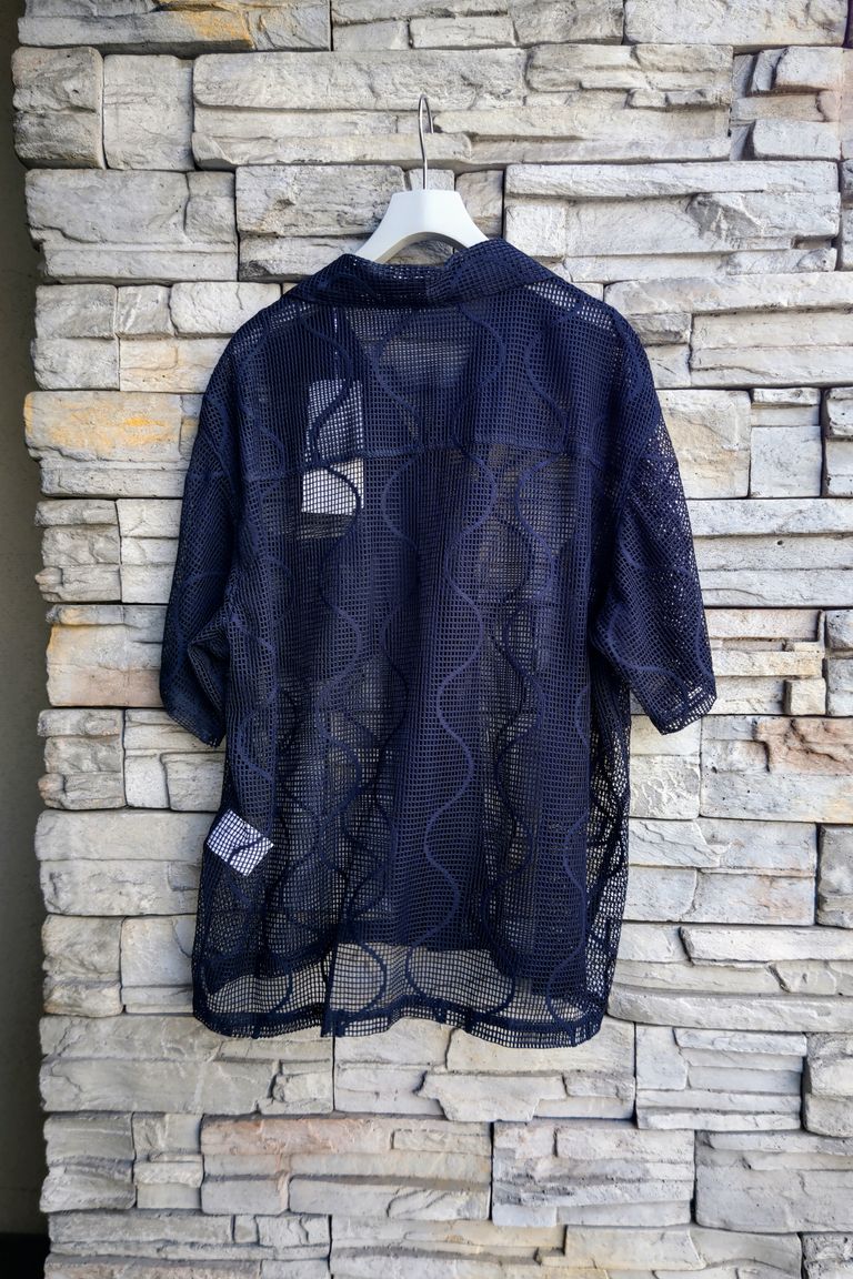 UNUSED - short-sleeve open collar gourd pattern mesh shirt -navy 