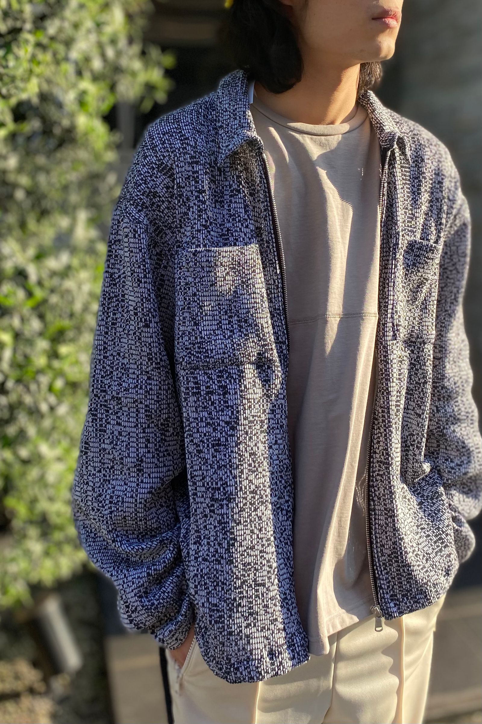 cotton russel mesh zip up shirt jacket -white×black- 23ss | asterisk