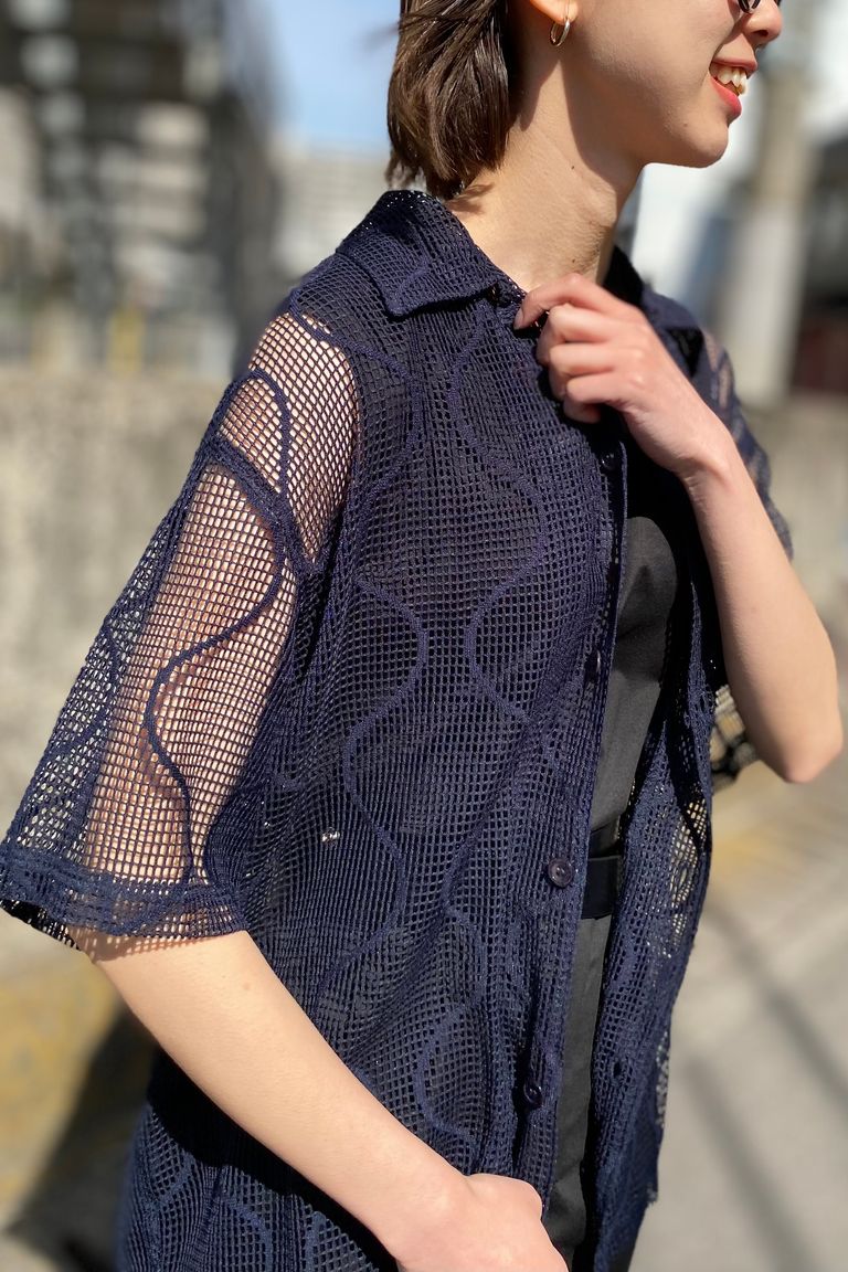 UNUSED - short-sleeve open collar gourd pattern mesh shirt -navy 