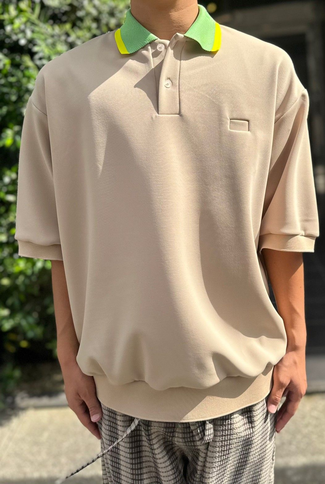 FUMITO GANRYU - large polo shirt -beige×blue green- 23ss | asterisk