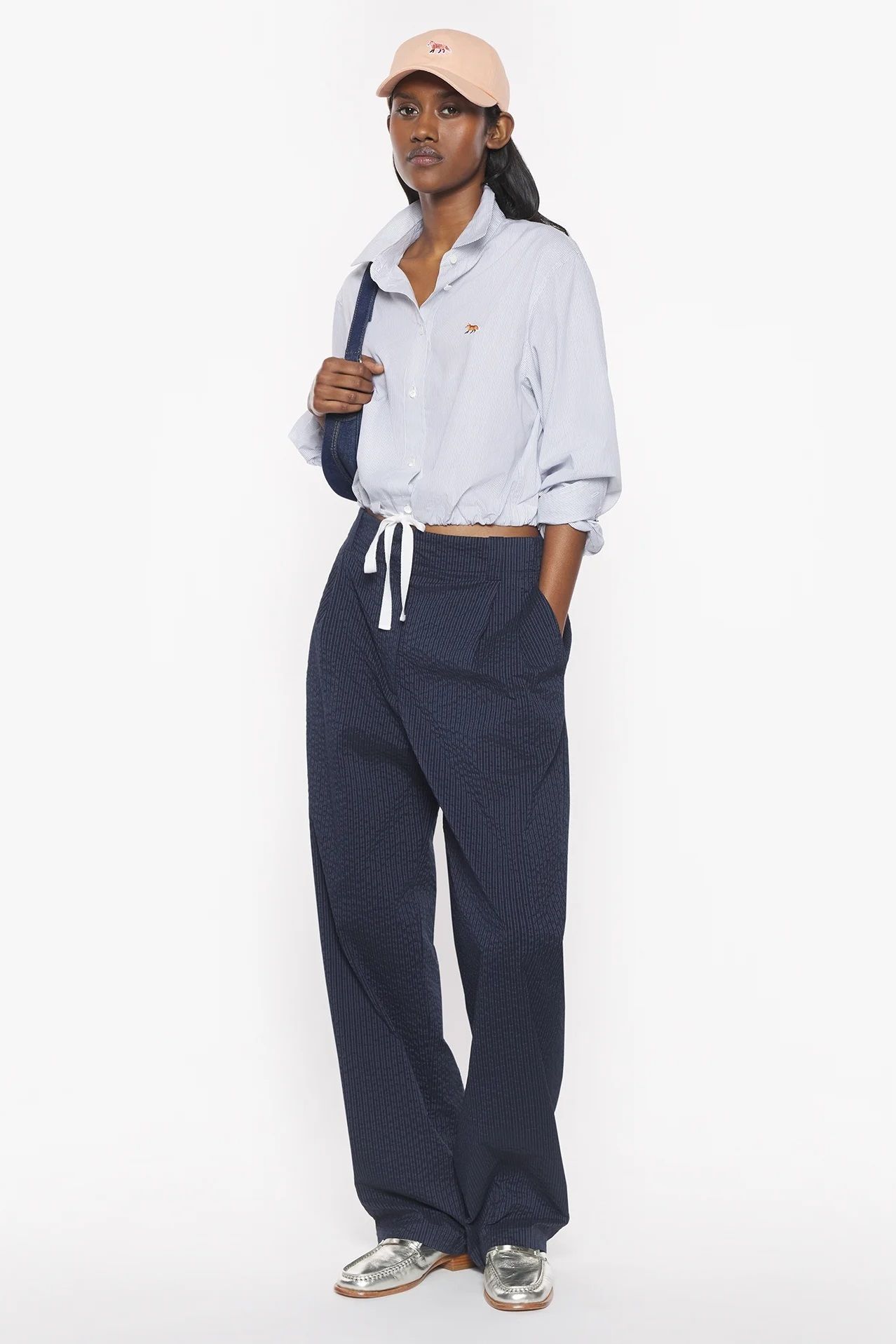 MAISON KITSUNÉ - DRAWSTRING CROPPED SHIRT-WHITE/BLACK