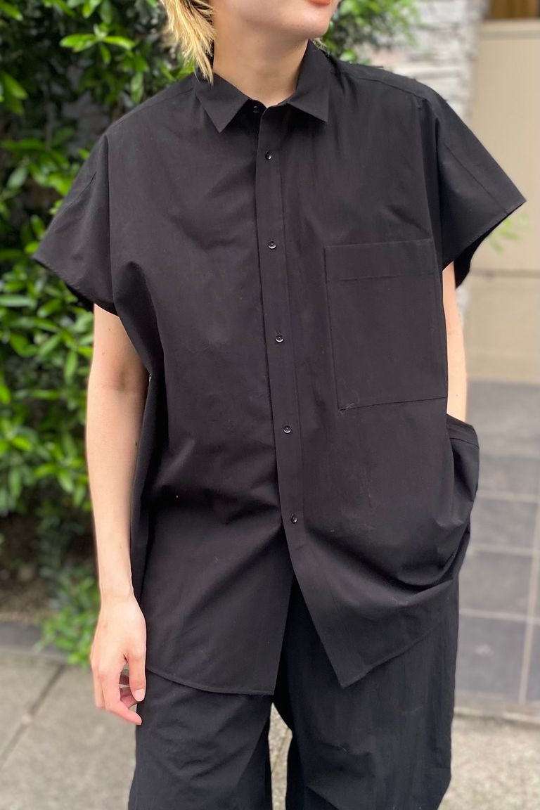 ATON - micro shrink lawn oversized sleeveless shirt -black 