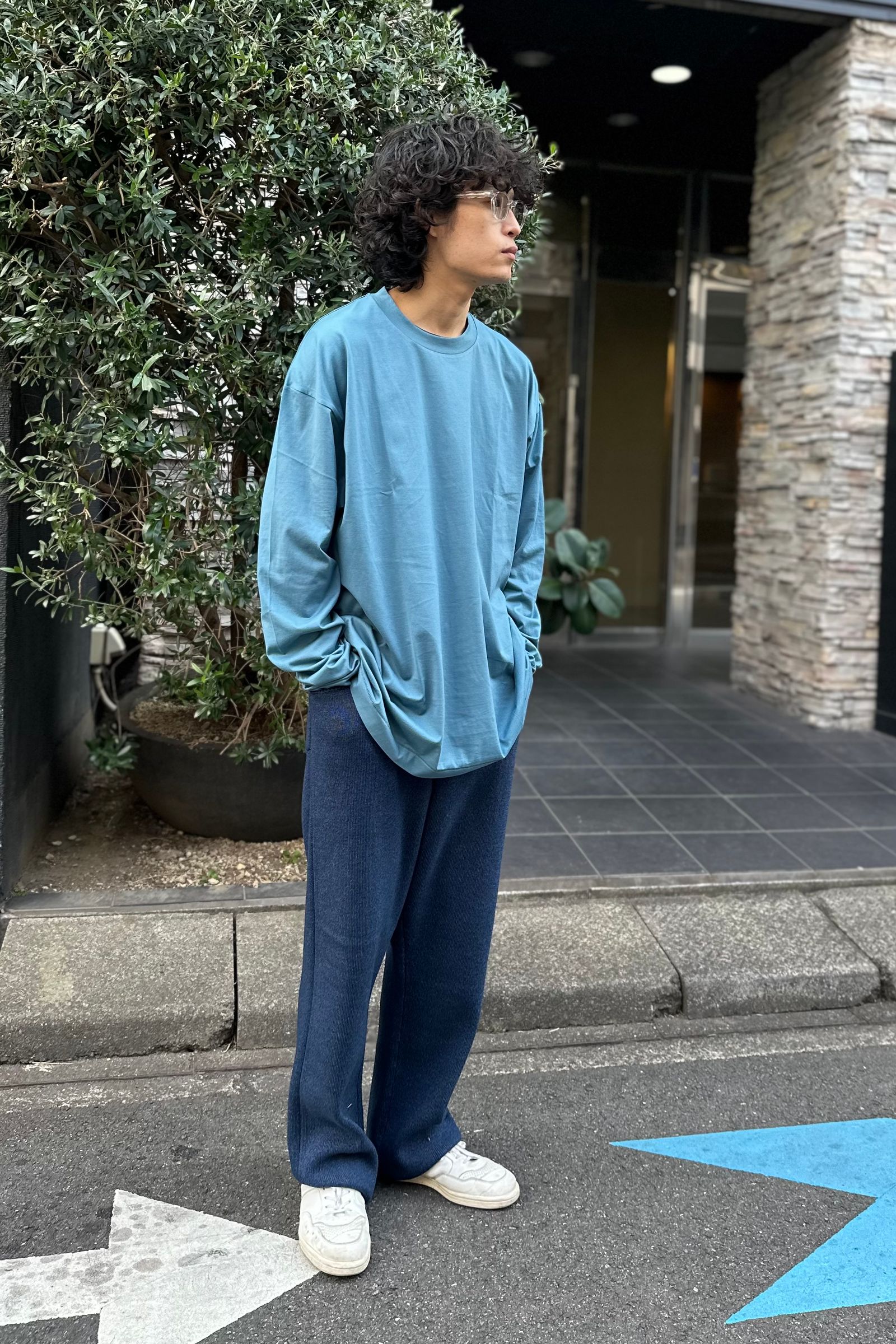 ATON - SUVIN 60/2 OVERSIZED LONG SLEEVE T-SHIRT -blue gray- 24ss 