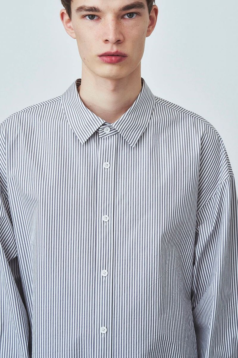 ATON - shrink cotton oversized long shirt-gray stripe-22ss men