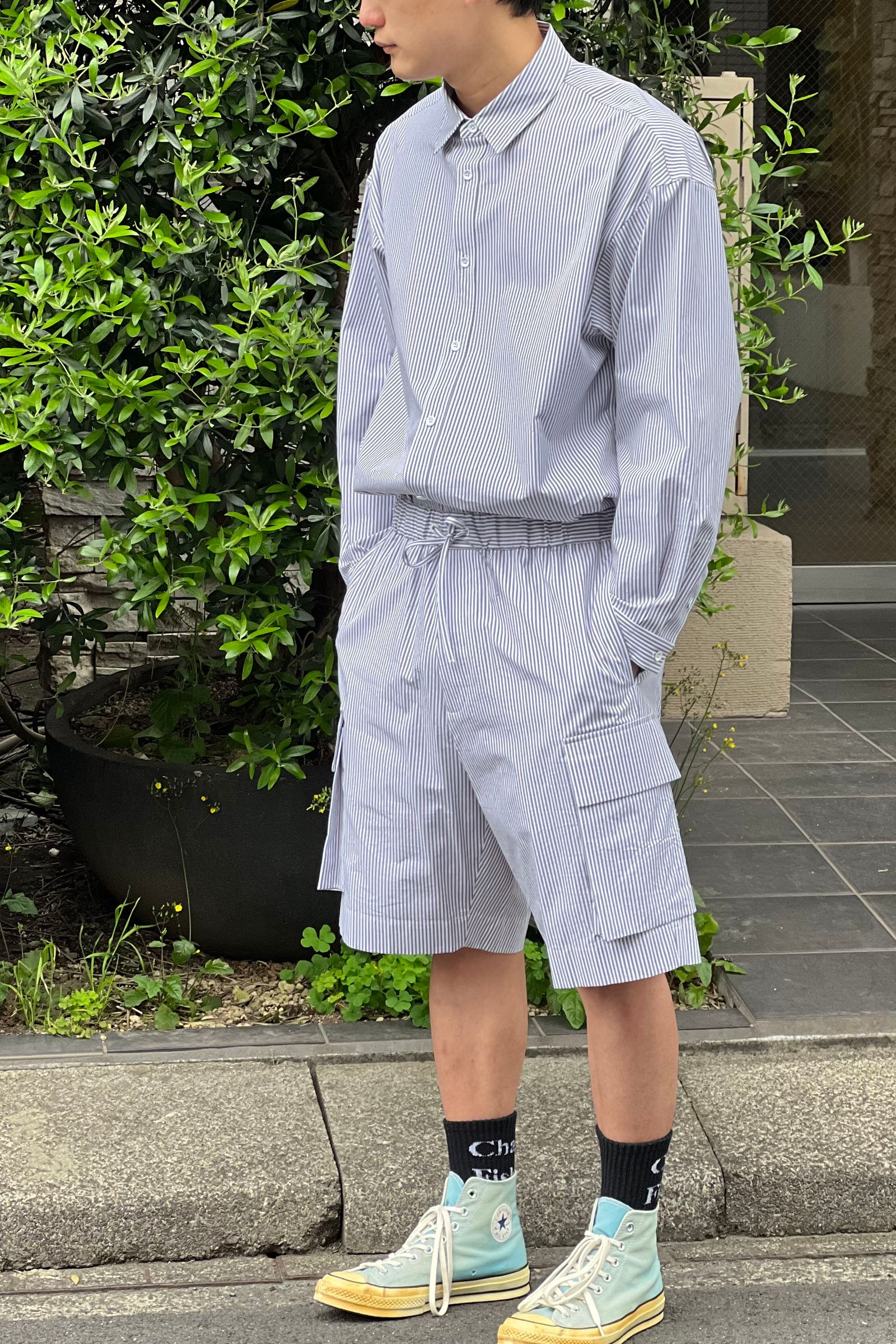 ATON - shrink cotton oversized long shirt-gray stripe-22ss men