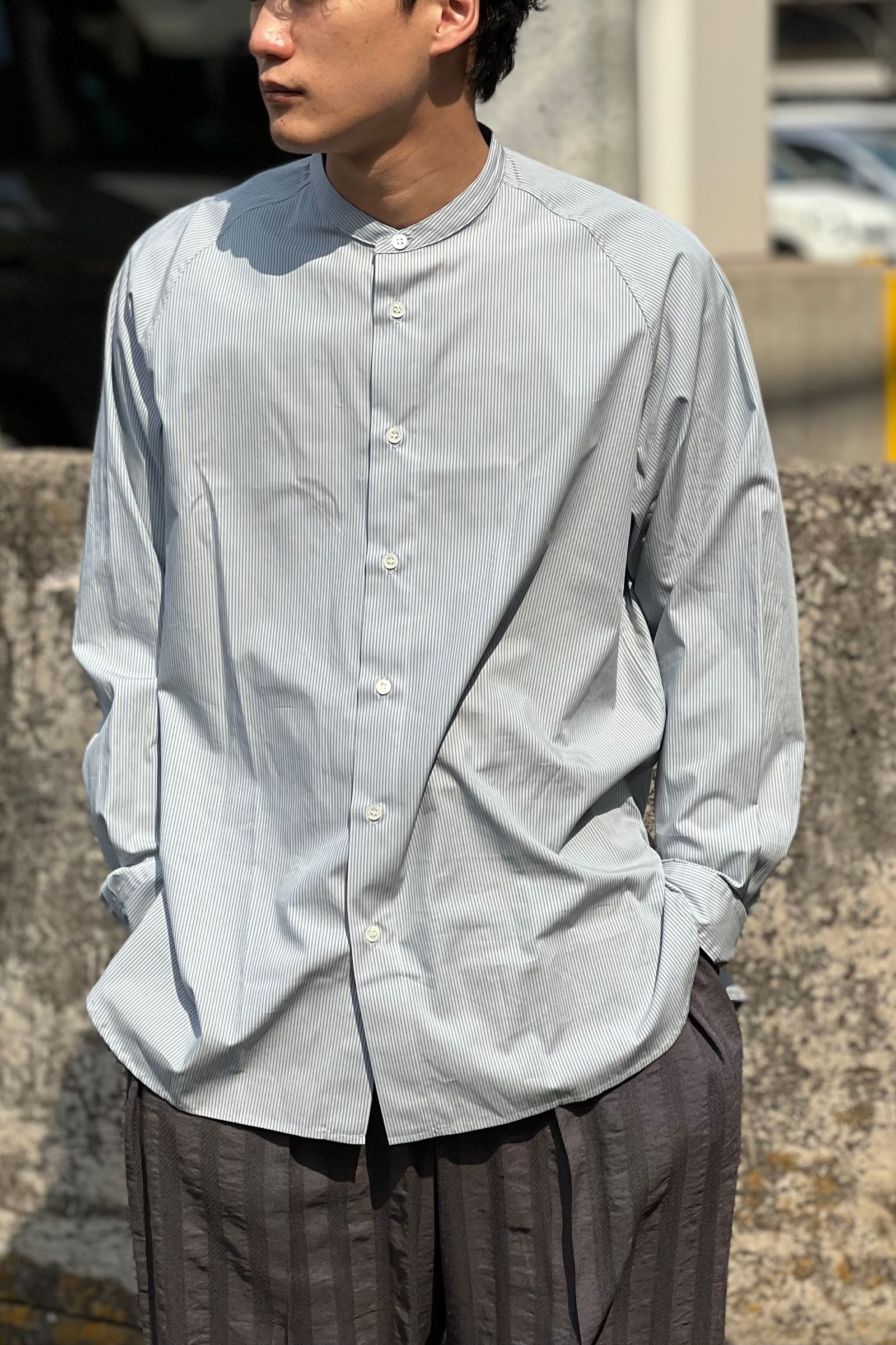 POLYPLOID - raglan stand collar shirts b -grey/blue- 22ss | asterisk