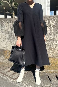 CFCL - POTTERY LUCENT LONG BELL SLEEVE FLARE DRESS -black- 23aw 