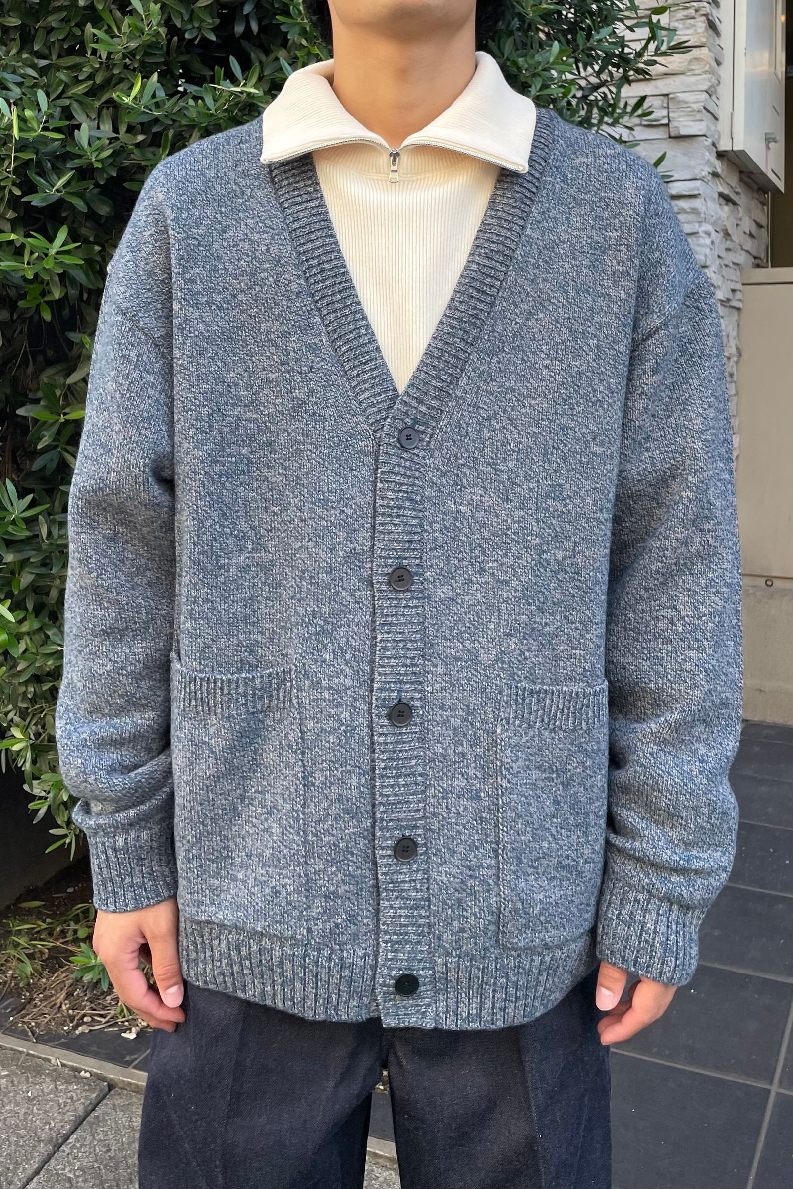 ATON - wool mouline oversized cardigan -blue- men | asterisk