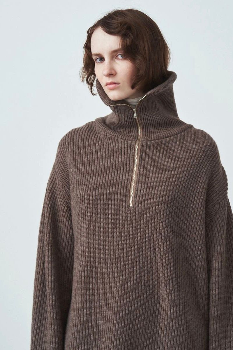 ATON - cashmere wool half zip pullover -natural- women | asterisk