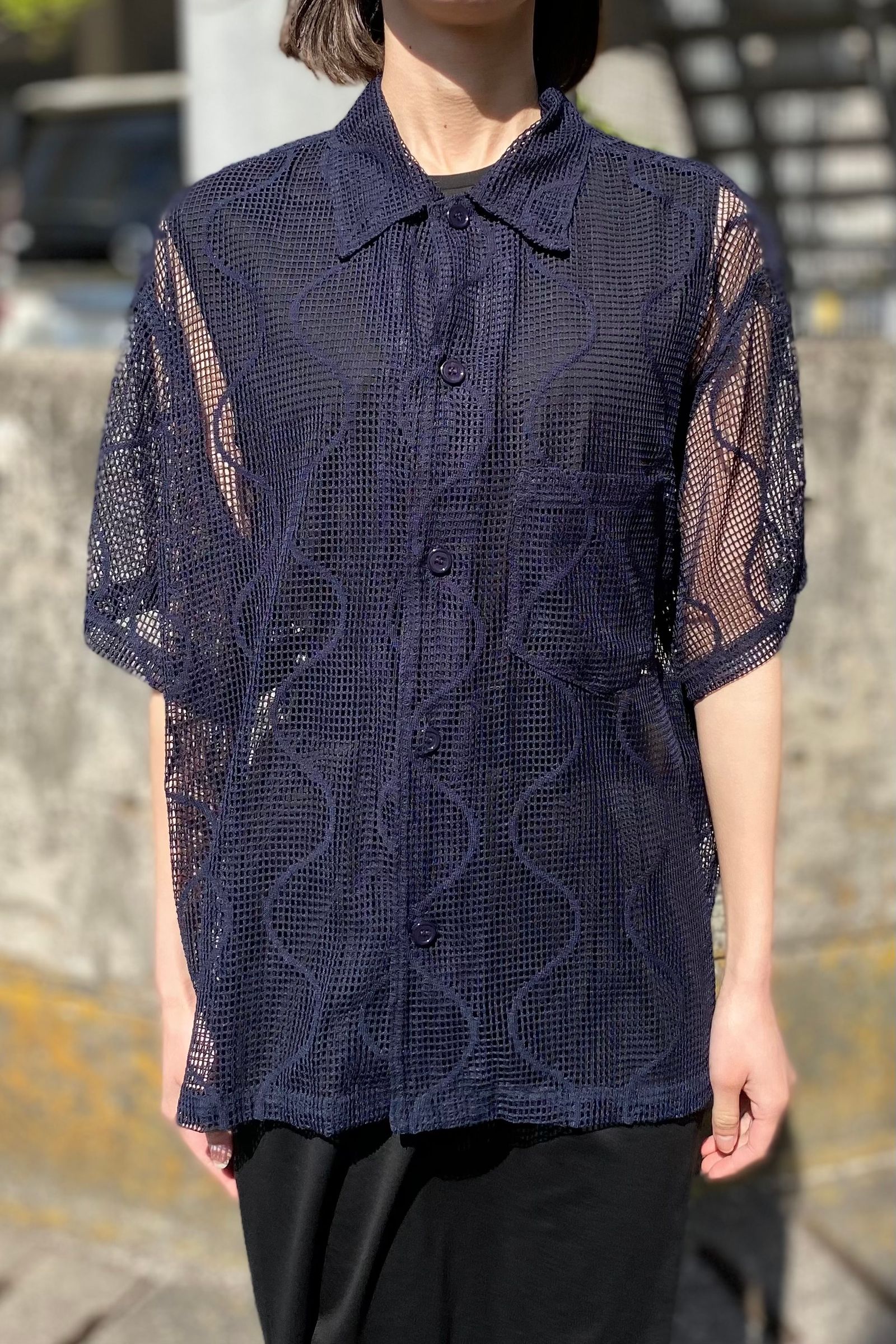 UNUSED - short-sleeve open collar gourd pattern mesh shirt -navy 