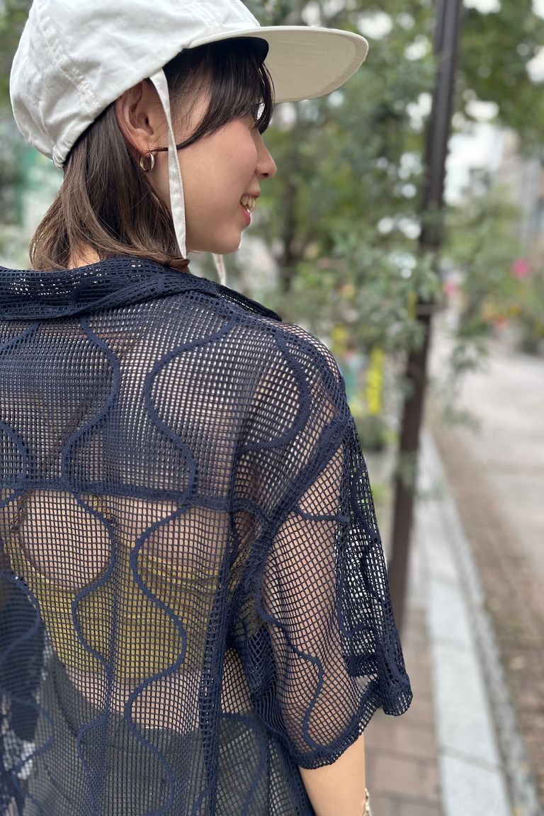 UNUSED - short-sleeve open collar gourd pattern mesh shirt -navy 