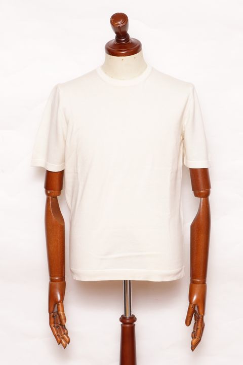 12G ハイゲージ ソフトコットン ソリッドクルーネック ニットTシャツ/ オフホワイト