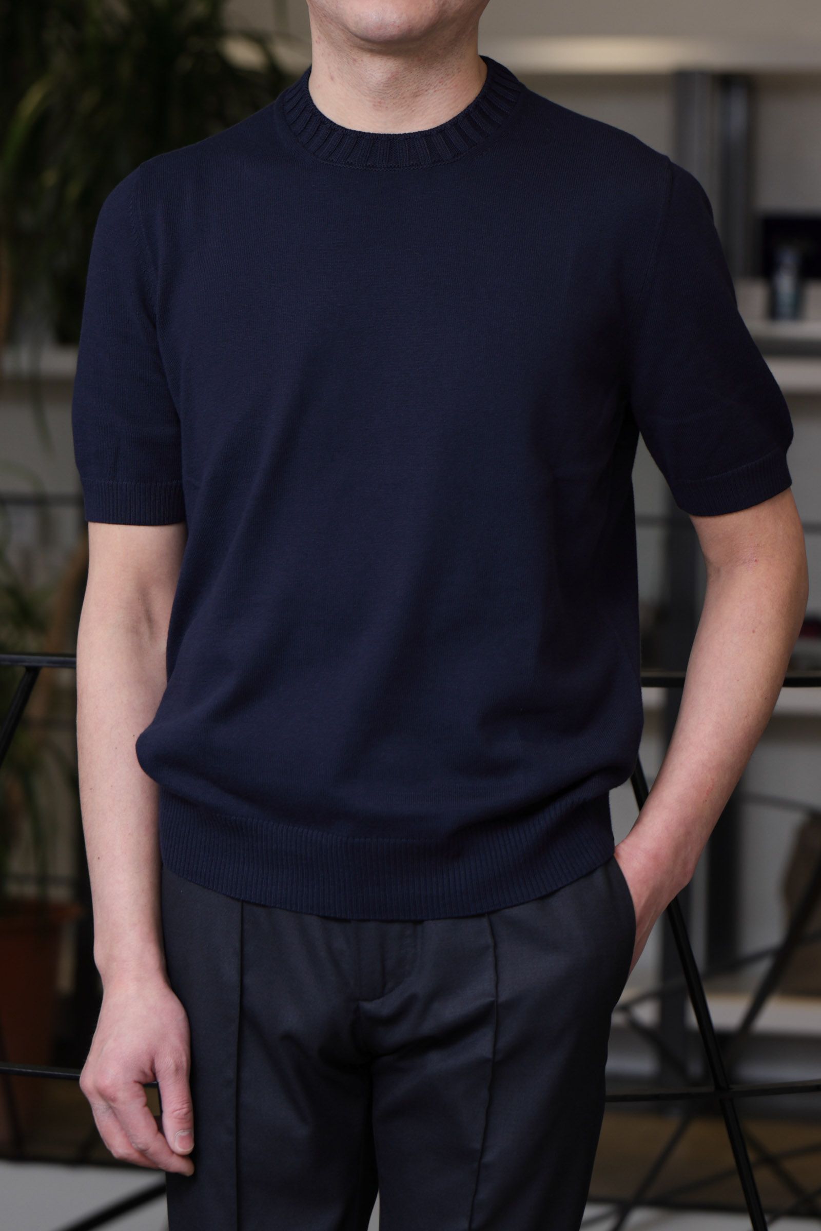 14ゲージ ソフトコットン クルーネック半袖ニット / ネイビー 598
