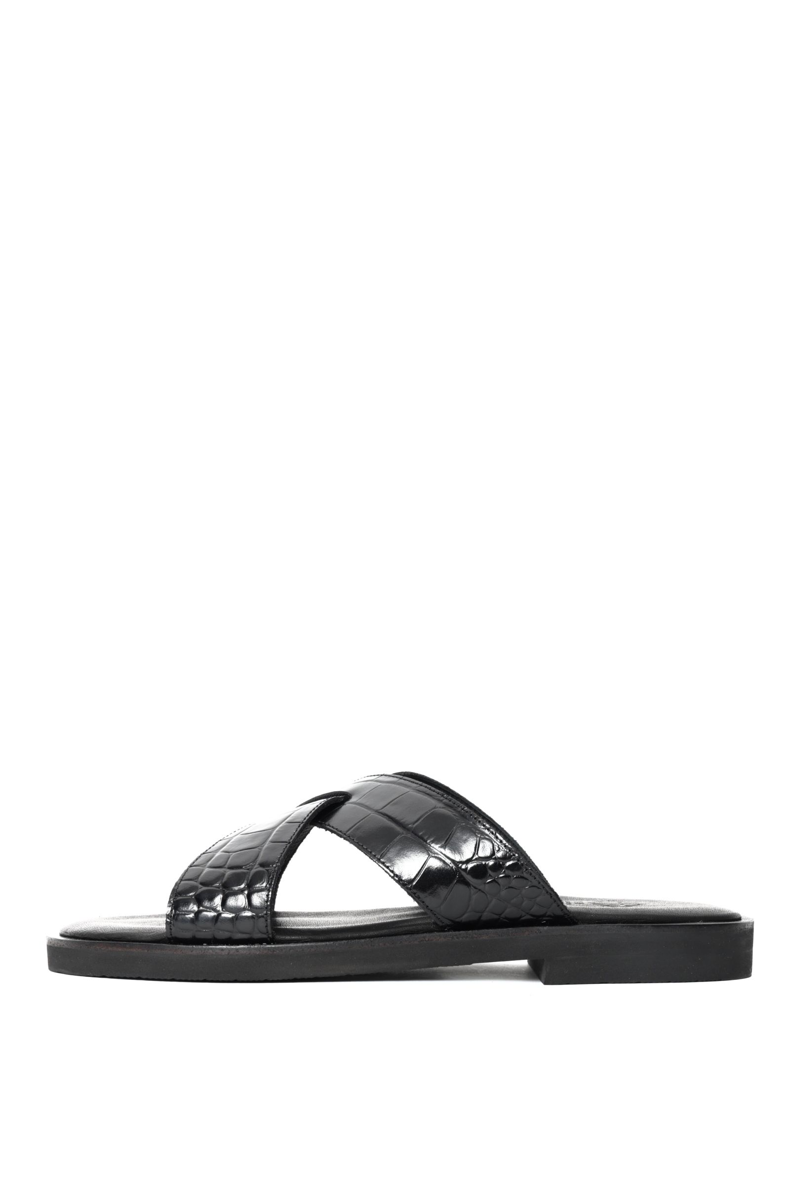 《BEKKU HOMME 完全別注》【ふにゃ男シリーズ】クロコダイルスタンプ  クロスストラップ コンフォート レザー サンダル / ブラック