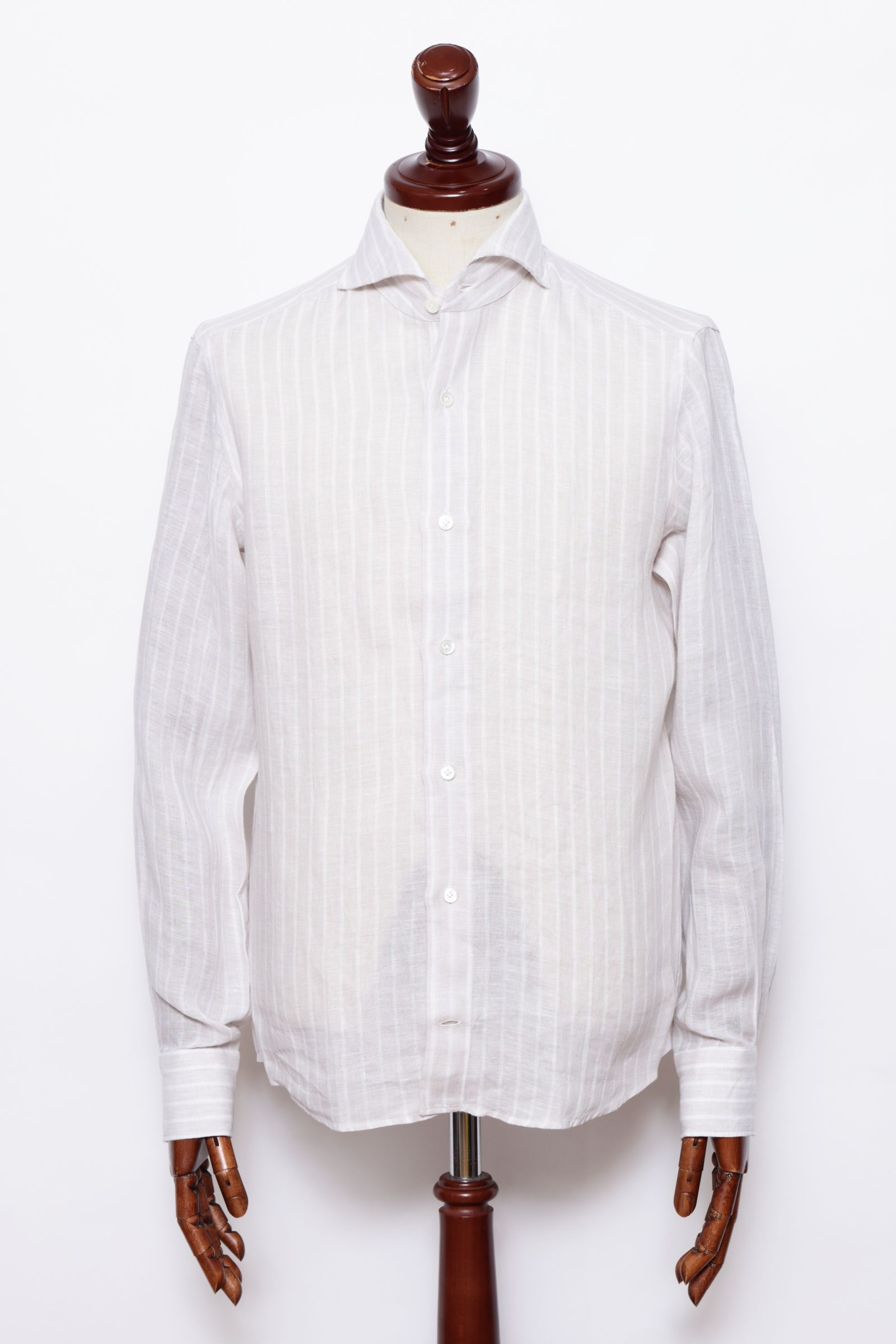 Vinci Fit ウォッシュド ストライプリネン カッタウェイカラー シャツ / ライトベージュ