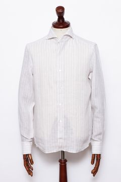 Vinci Fit ウォッシュド ストライプリネン カッタウェイカラー シャツ / ライトベージュ