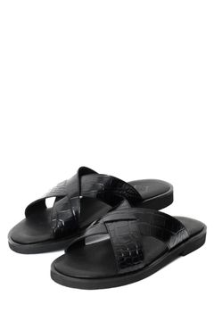 《BEKKU HOMME 完全別注》【ふにゃ男シリーズ】クロコダイルスタンプ  クロスストラップ コンフォート レザー サンダル / ブラック