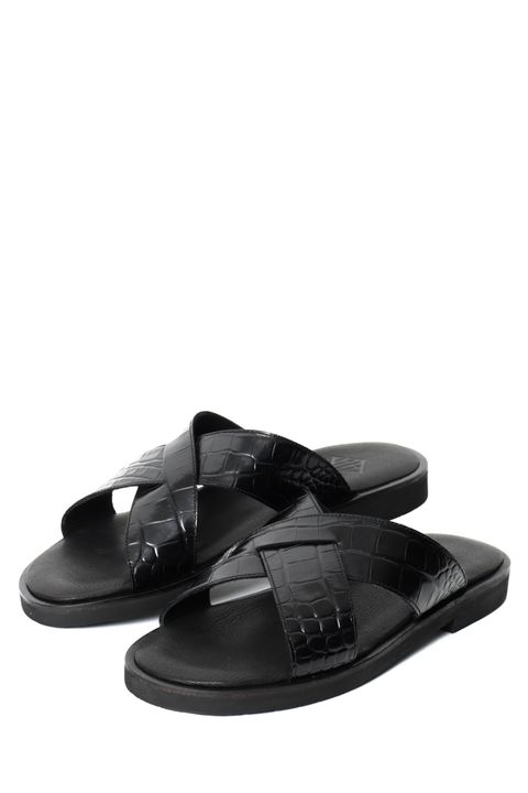 《BEKKU HOMME 完全別注》【ふにゃ男シリーズ】クロコダイルスタンプ  クロスストラップ コンフォート レザー サンダル / ブラック