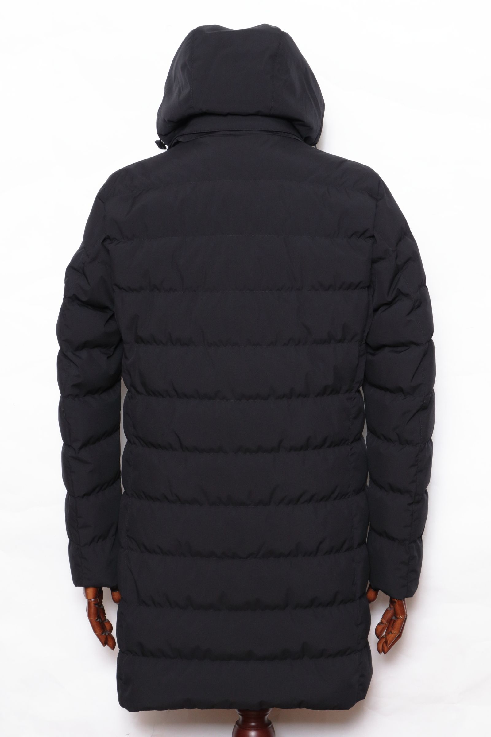 【FUNCTIONAL WARDROBE】 2レイヤー デタッチャブル フーディー ダウンチェスターフィールドコート / ブラック 9300