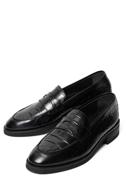 《BEKKU HOMME別注》【ふにゃ男シリーズ】クロコダイルスタンプ カーフレザー コインローファー シューズ 革靴 / ブラック