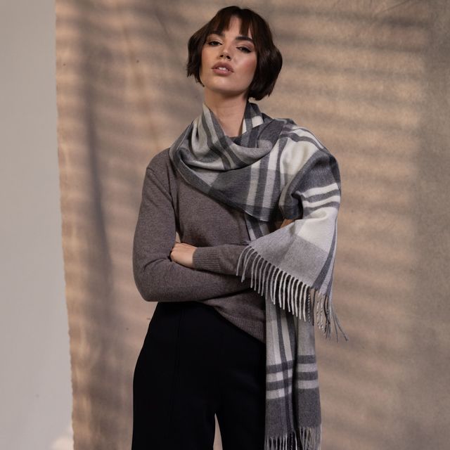 CPG52475 カシミア プライマリー ブラックウォッチ チェック ストール 35 x 190 / ホワイト×ライトグレー×グレー チェック