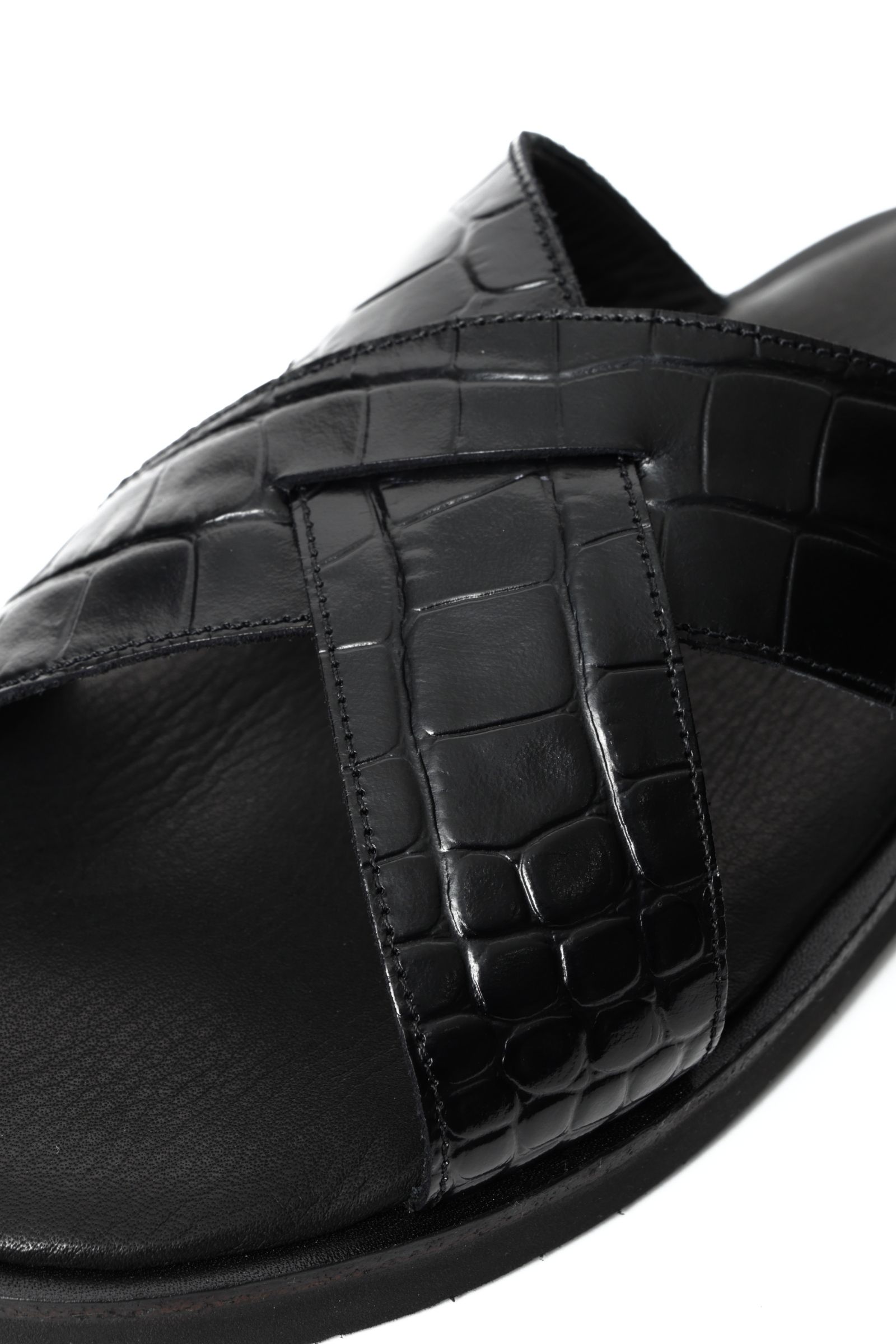 《BEKKU HOMME 完全別注》【ふにゃ男シリーズ】クロコダイルスタンプ  クロスストラップ コンフォート レザー サンダル / ブラック