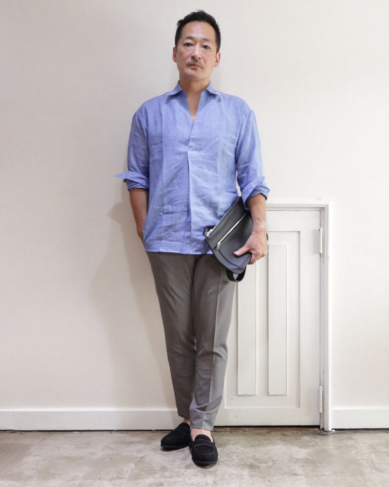 COLONY CLOTHING プルオーバーリネンシャツを使用したモダンリゾートコーデ