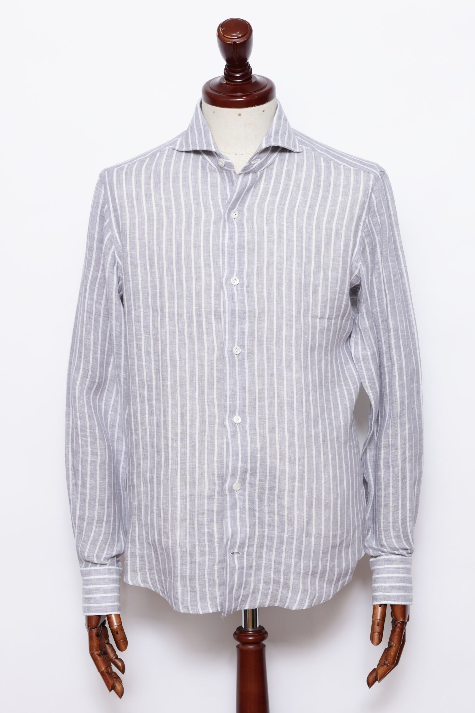 Vinci Fit ウォッシュド ストライプリネン カッタウェイカラー シャツ / ライトグレー