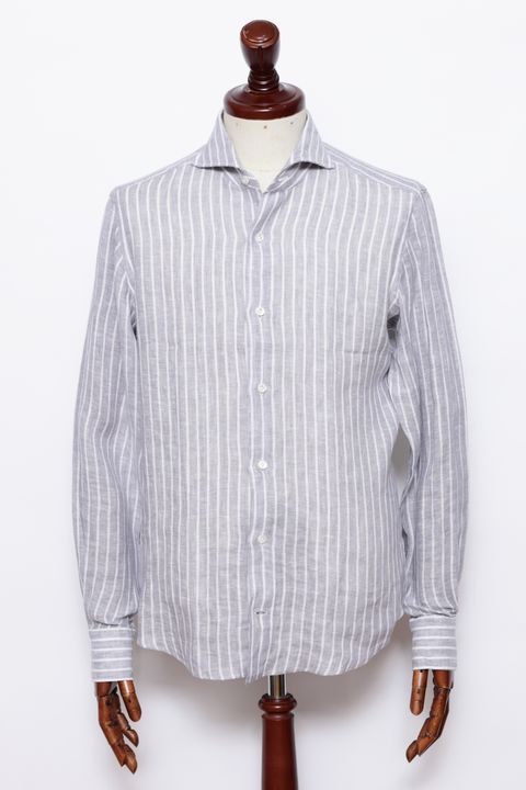 Vinci Fit ウォッシュド ストライプリネン カッタウェイカラー シャツ / ライトグレー