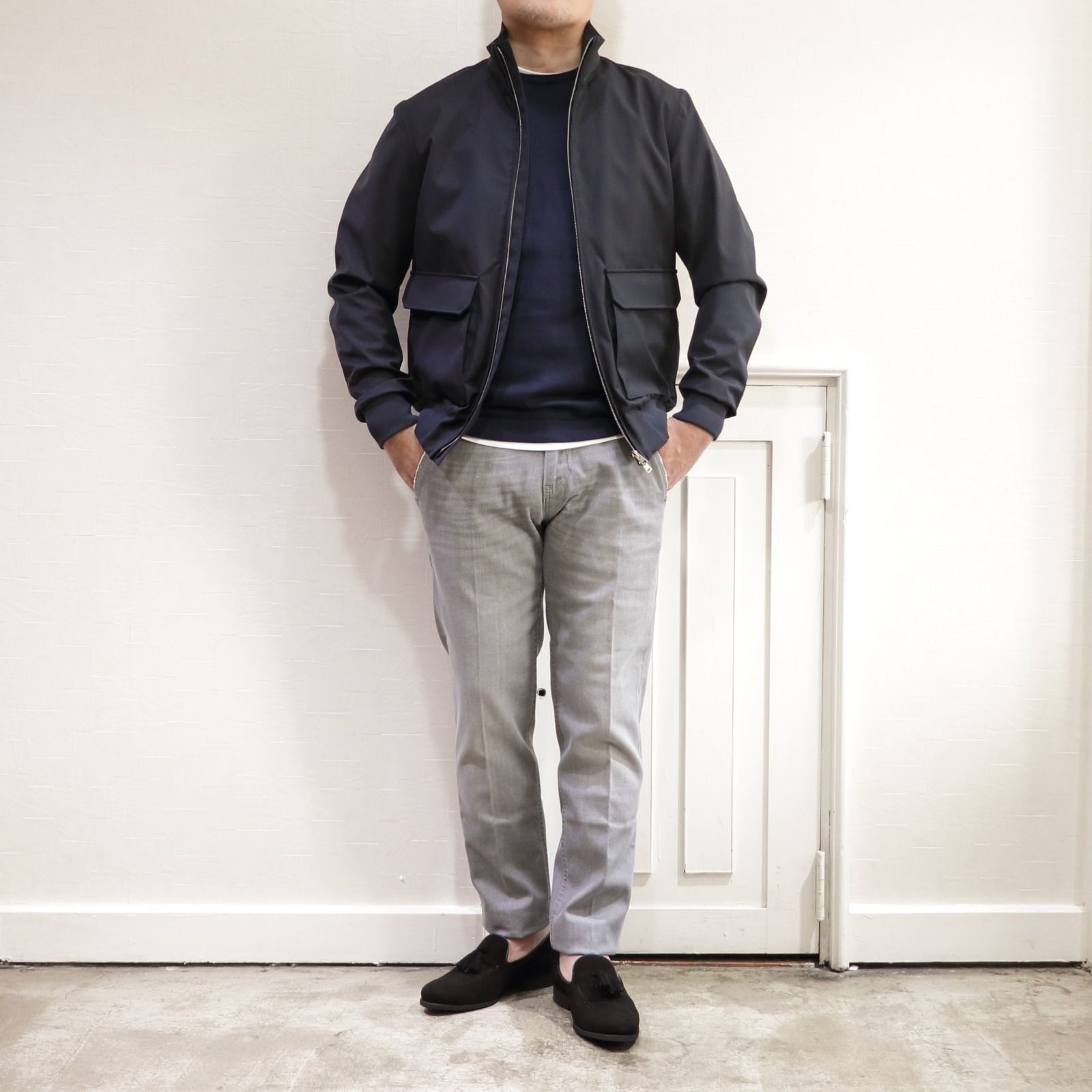 "HERNO"ジップアップスタンドブルゾンを使用した春スタイル