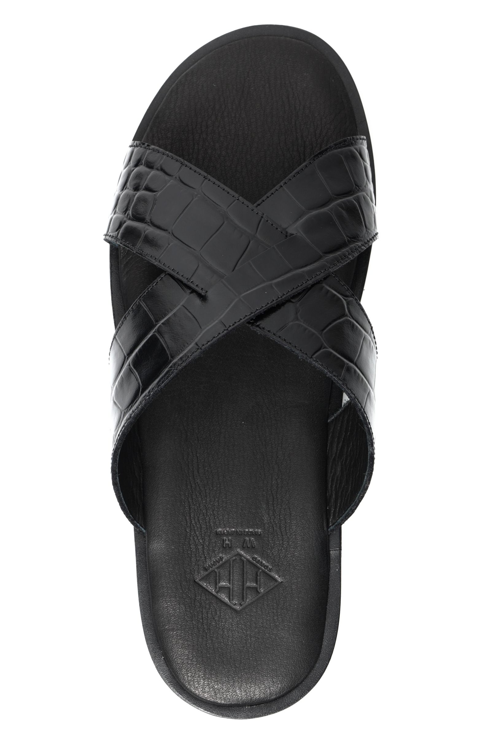 《BEKKU HOMME 完全別注》【ふにゃ男シリーズ】クロコダイルスタンプ  クロスストラップ コンフォート レザー サンダル / ブラック