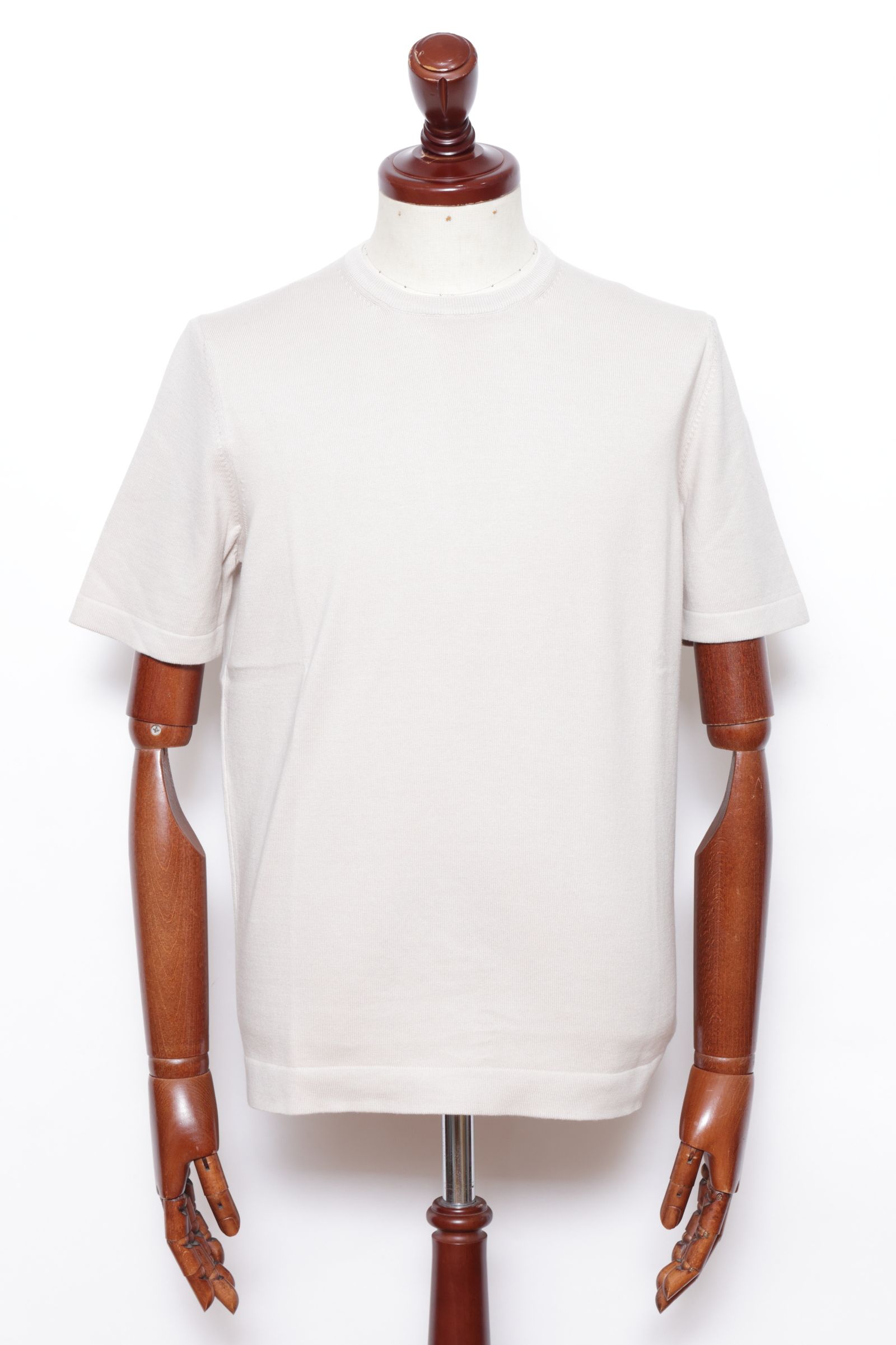 【サイズ52まであり】12G ハイゲージ ソフトコットン ソリッド クルーネック ニットTシャツ/ ベージュ