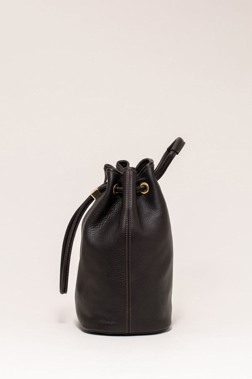 DRAWSTRING BAG SMALL イタリアンキップレザー × 真鍮 巾着ミニバッグ / ダークブラウン