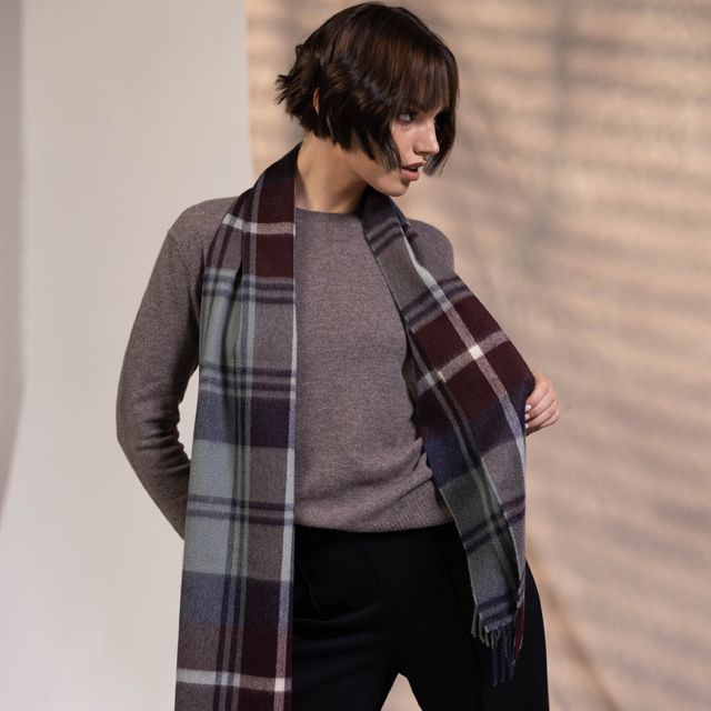 CPG52478 カシミア プライマリー ブラックウォッチ チェック ストール 30 x 180 / モスグリーンxバーガンディ