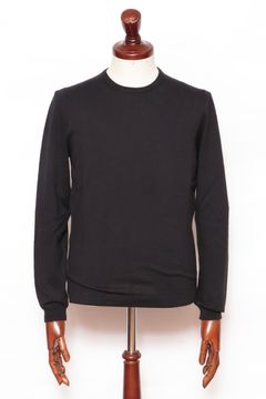 12G ハイゲージ ソフトコットン ソリッド クルーネック ニット長袖Tシャツ/ ブラック 099