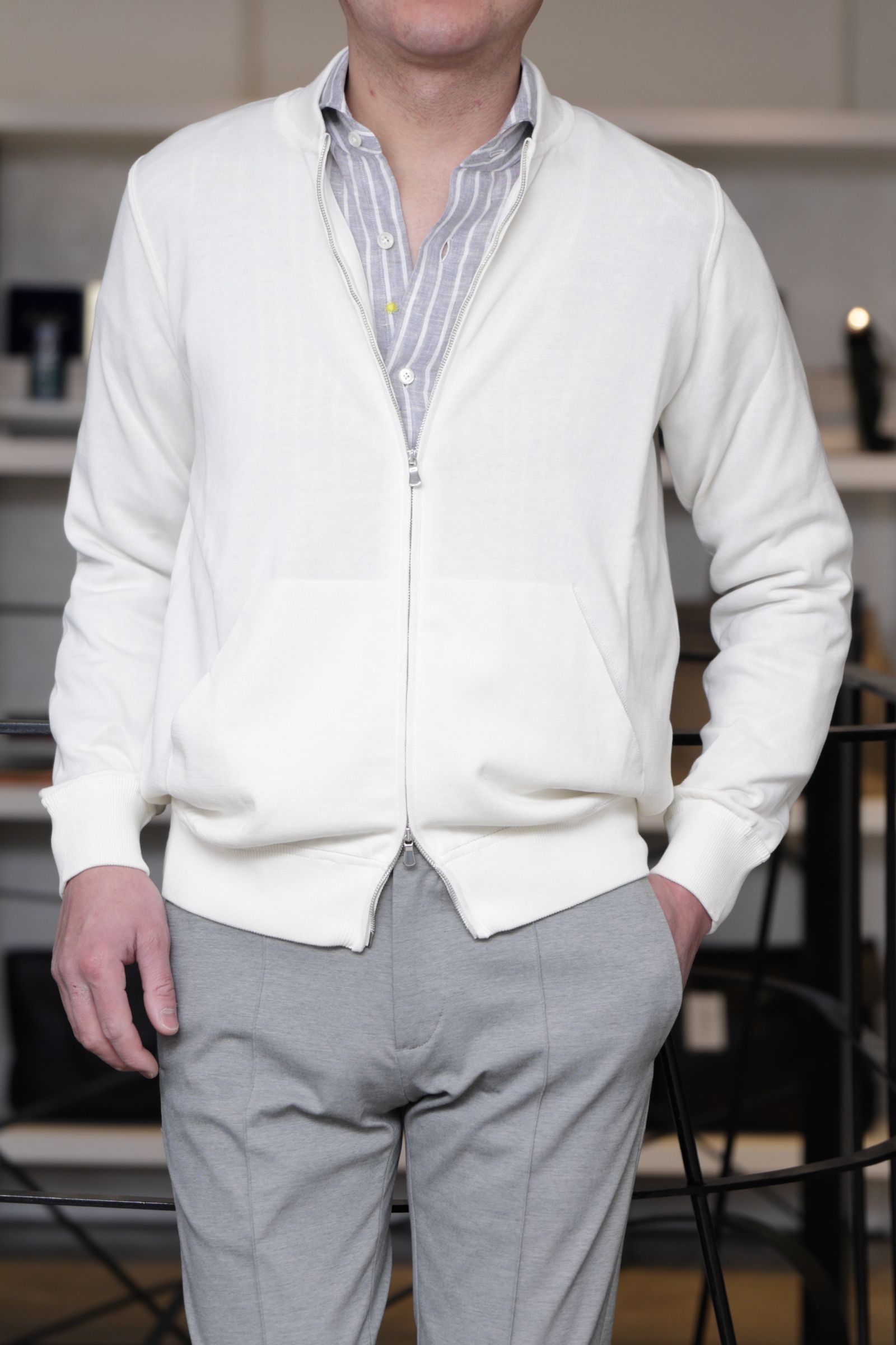 BZ1ML クレープコットン MA-1型 ジップアップニット / アイボリー 0020